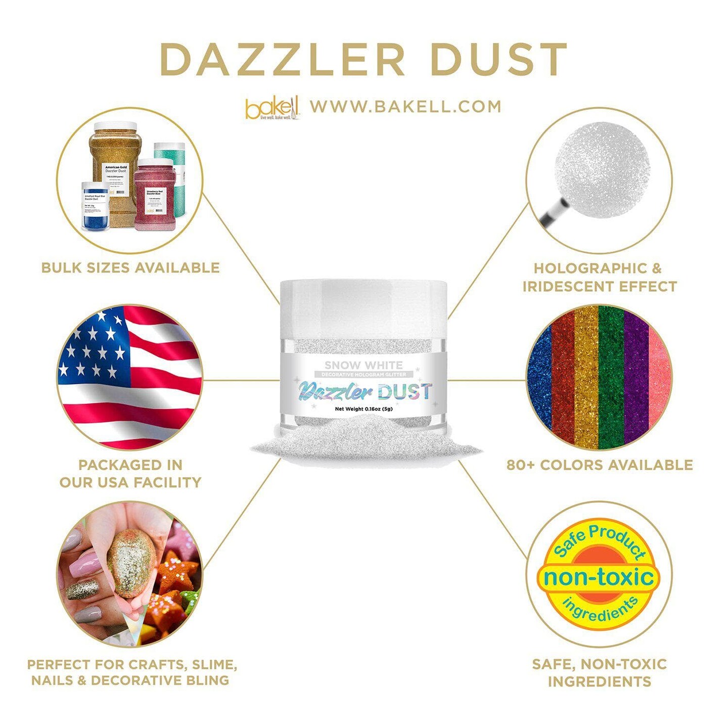 Bakell - Snow White Dazzler Dust (5g, 1x Jar) Non-Toxic Decorating Glitter for Arts and Crafts