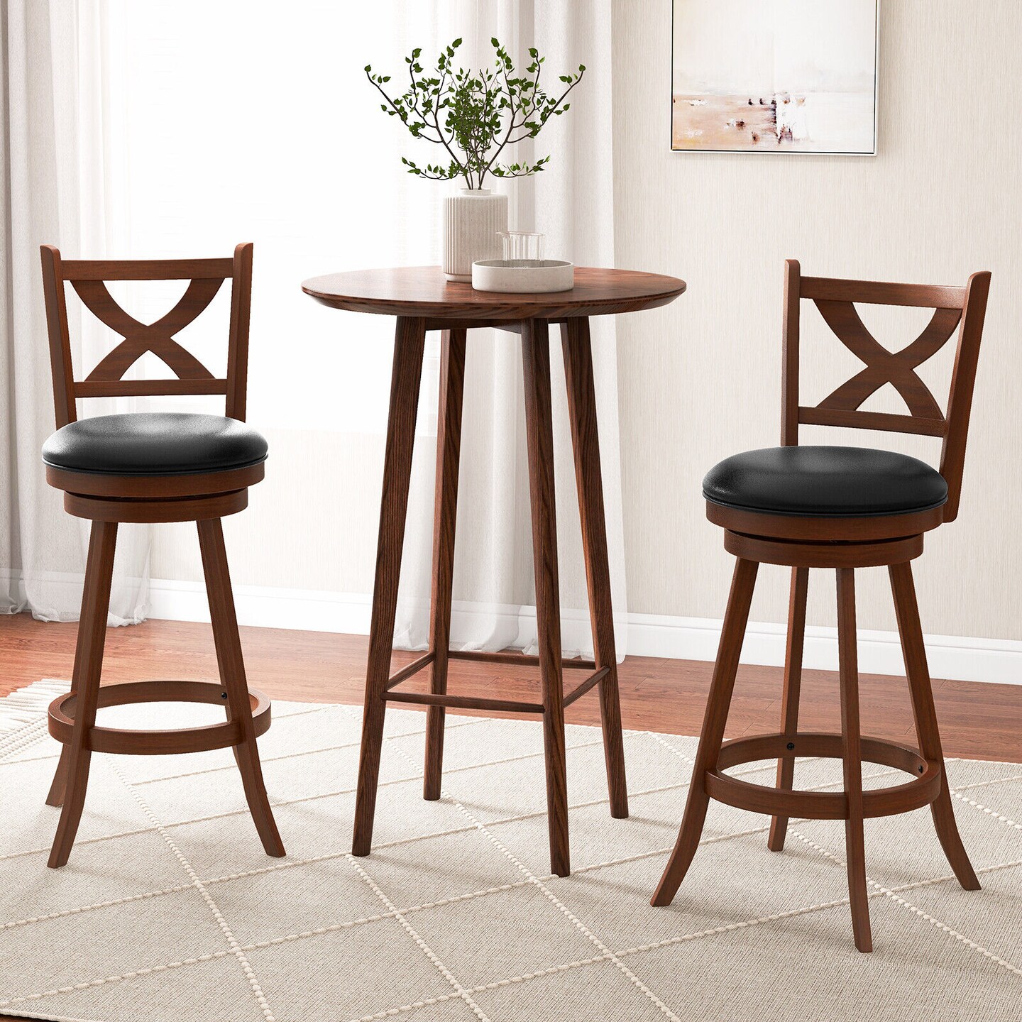 2 Pieces Classic Swivel Bar Stool Set with X-shaped Open Back
