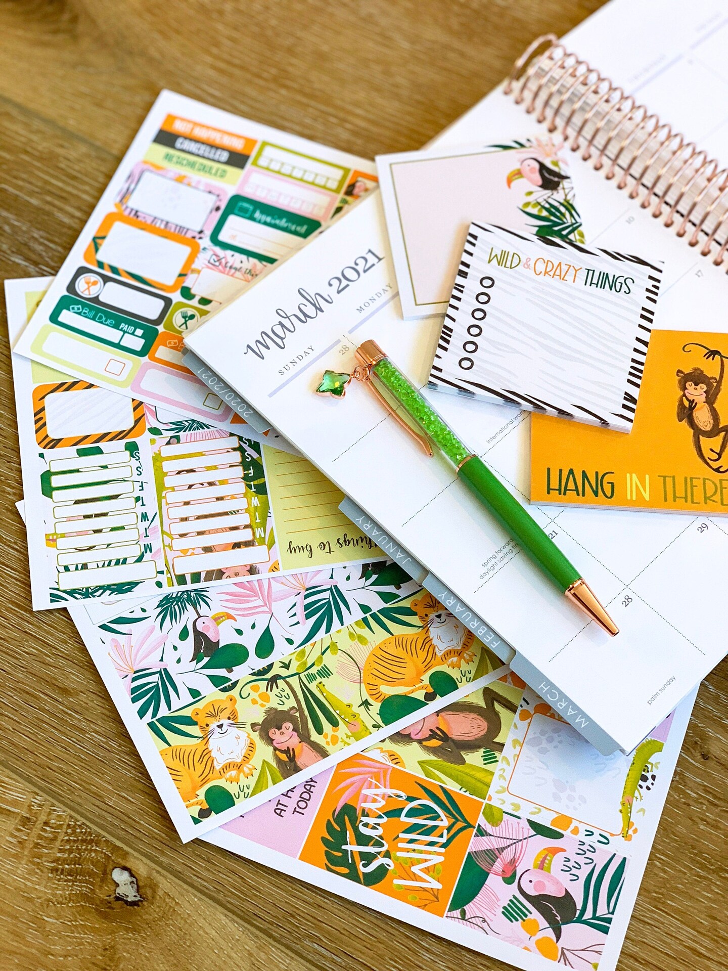 St Patricks Day, Jungle Animals, and Tropical Green Flowers Themed Box Of Planner Stickers &#x26; Accessories (#SUB2021003)