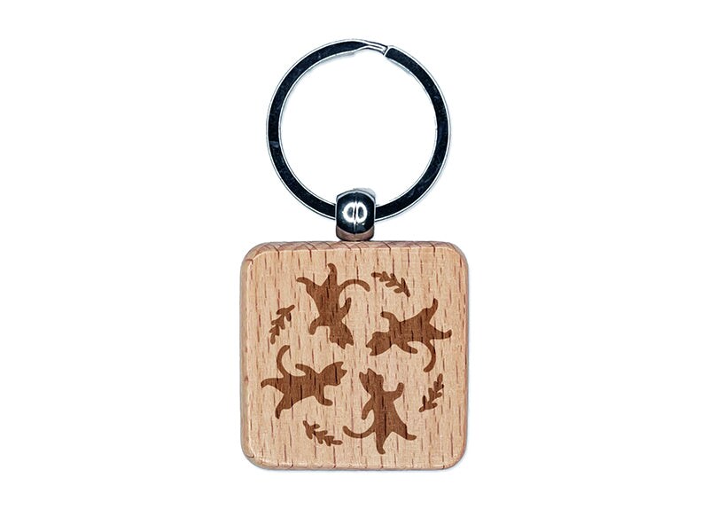 Dancing Walking Cats Pattern Engraved Wood Square Keychain Tag Charm