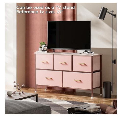 5 Drawers Dresser for Bedroom, Pink Dresser with Fabric Drawers, Chest of Drawers with PU Finish, Metal Handle, Storage Organizer Unit for Closet, Kids Room, Living Room, Tv Stand up to 43&#x27;&#x27;, Pink