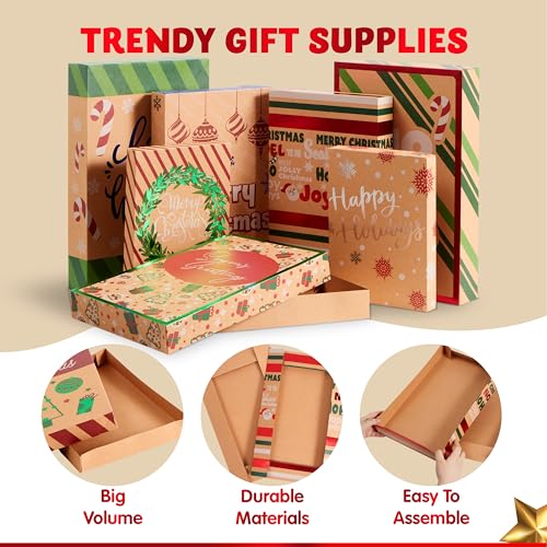 JOYIN 12 Pcs Christmas Aluminum Foil Kraft Paper Gift 3 sizes Boxes with Base, Xmas Shirt Wrap Box, Holiday Present Box for Birthday Party Favors Decorations Gift-Giving, 12 Design