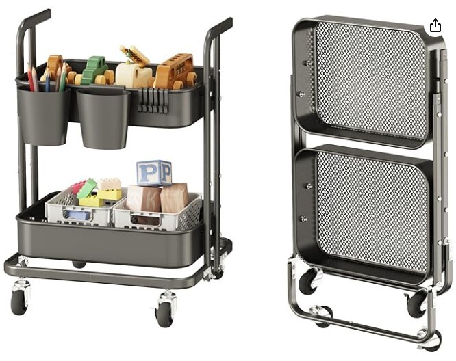 2 Tier Foldable Rolling Cart, Metal Utility Cart with Lockable Wheels, Folding Storage Trolley for Living Room, Kitchen, Bathroom, Bedroom and Office, Black