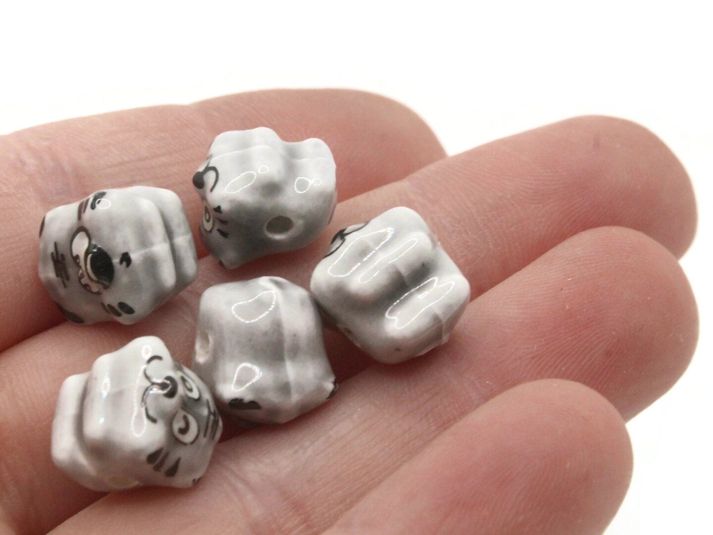 5 Porcelain Tiger Cat Gray Striped Porcelain Glass Animal Beads