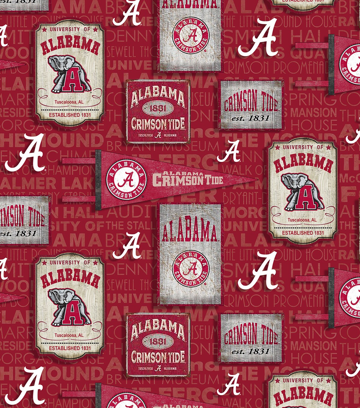 Sykel Enterprises-University of Alabama Cotton Fabric-Alabama Crimson Tide Vintage Pennant Cotton Quilting Fabric