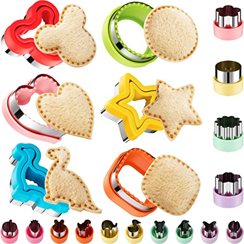 20Pcs Sandwich Cutter and Sealer Set for Kids, Decruster Maker Holiday Heart Cookie Cutters Fruit Vegetable Shapes Boys &#x26; Girls Bento Lunch Box with Mickey Mouse Dinosaur Star, etc
