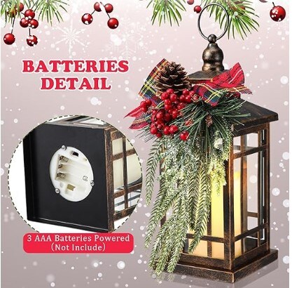 LED Christmas Lantern with Plaid Bow 14" Christmas Candle Lantern Flashing Candle Light Christmas Decorative Lanterns for Xmas Indoor Outdoor Party Decor (Bronze, Black Red Plaid, 2)