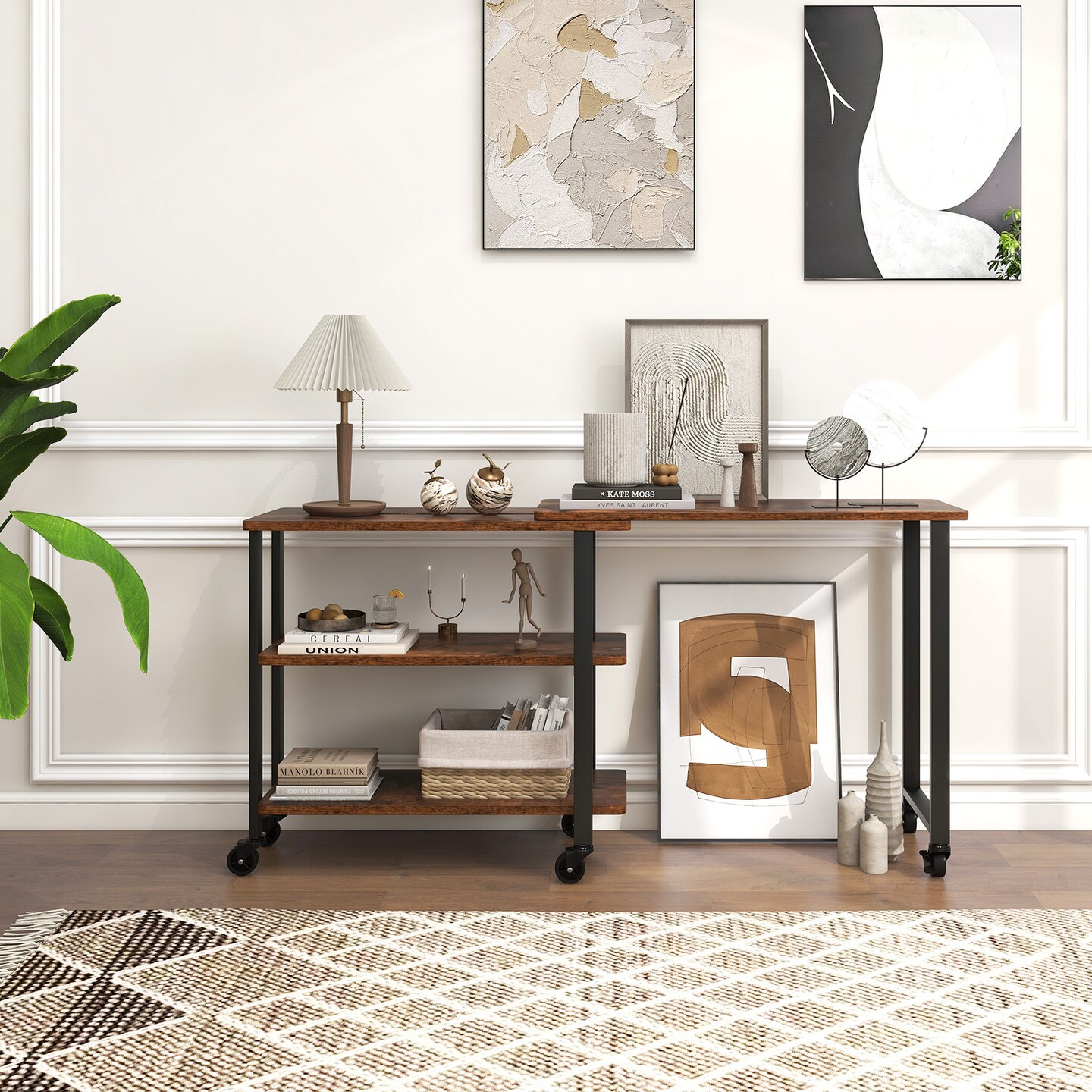 Rotating Sofa Side Table with Wheels Sliding Laptop Desk with Storage Shelves for Small Spaces