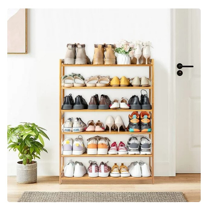 6-Tier Shoe Rack with Bamboo Wood, 18–24 Pairs, Utility Shoe Storage Organizer Shelving for Living Room, Bedroom, Dorm Room, and Entryway, Natural