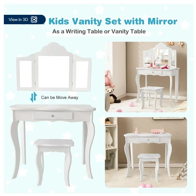 Makeup Dressing Table Kids Stool Mirror Vanity Table Set