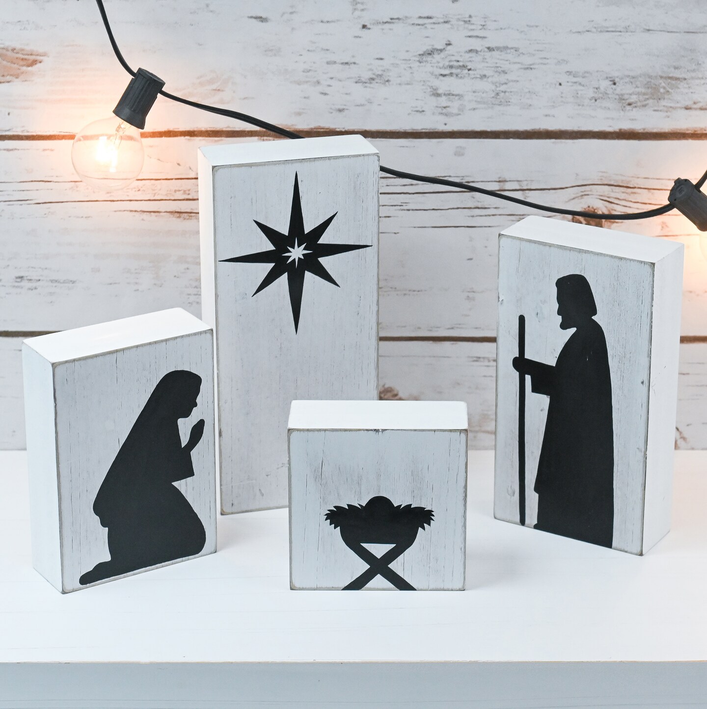 Ornativity Wooden Block Nativity Scene - Black Silhouette Christmas Figures on White Painted Wood Blocks Indoor Nativity Table Top Set Decorations - 1 Set