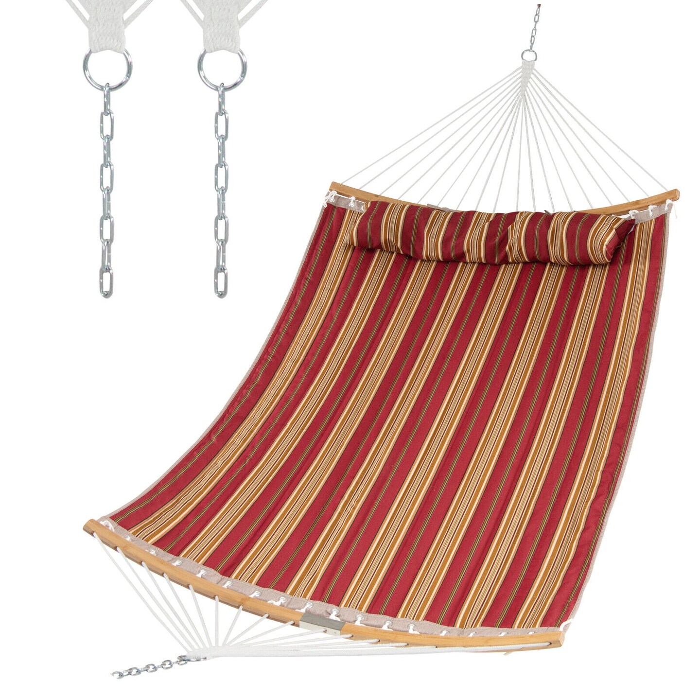 2-Person Outdoor Hammock with Pillow &#x2013; Polyester Fabric, Bamboo Spreader Bars