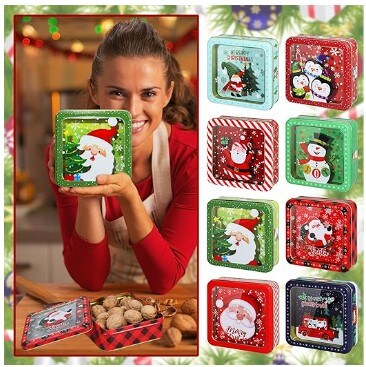 Christmas Cookie Tins with Lids (Set of 8) Metal Christmas Empty Tins Large Christmas Cookie Boxes Tinplate Santa Claus Christmas Gift Box for Holiday Candies Treats Cookie Storage Container