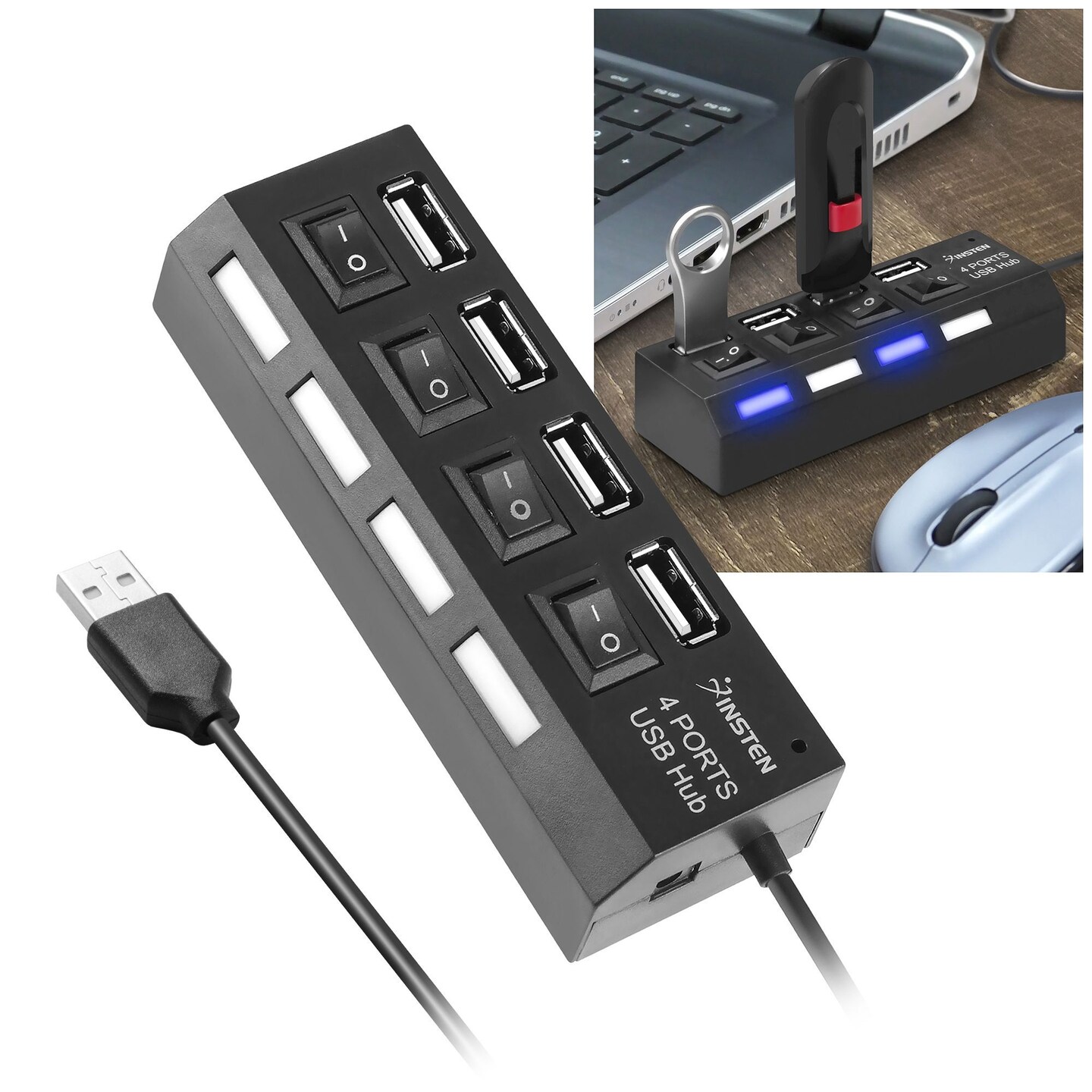 Insten 4-Port USB 2.0 Hub with Individual On Off Power Switches and LEDs