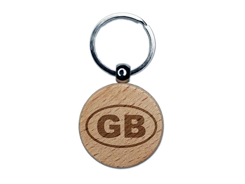 Great Britain GB Engraved Wood Round Keychain Tag Charm