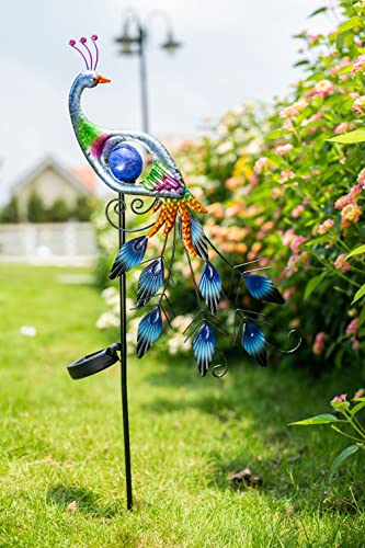 TERESA'S COLLECTIONS Yard Decorations Outdoor, Peacock Solar Garden Lights, 31.5 Inch Metal Lawn Ornaments, Garden Decor for Outside with Crackle Glass Ball, Decorative Stake Yard Art for Patio