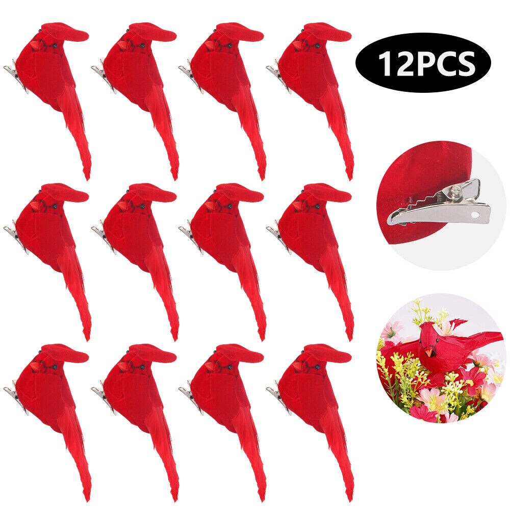 Fake Birds Cardinal Clip On Christmas Tree Decoration 12 pcs