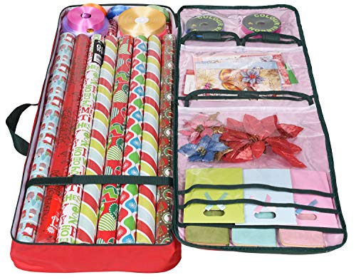 Primode Christmas Wrapping Paper Storage Bag with Pockets | Gift Wrap Organizer Container | 37&#x201D; x 14&#x201D; x 4&#x201D; | Underbed Durable Box Made of 600D Oxford Material (Red)