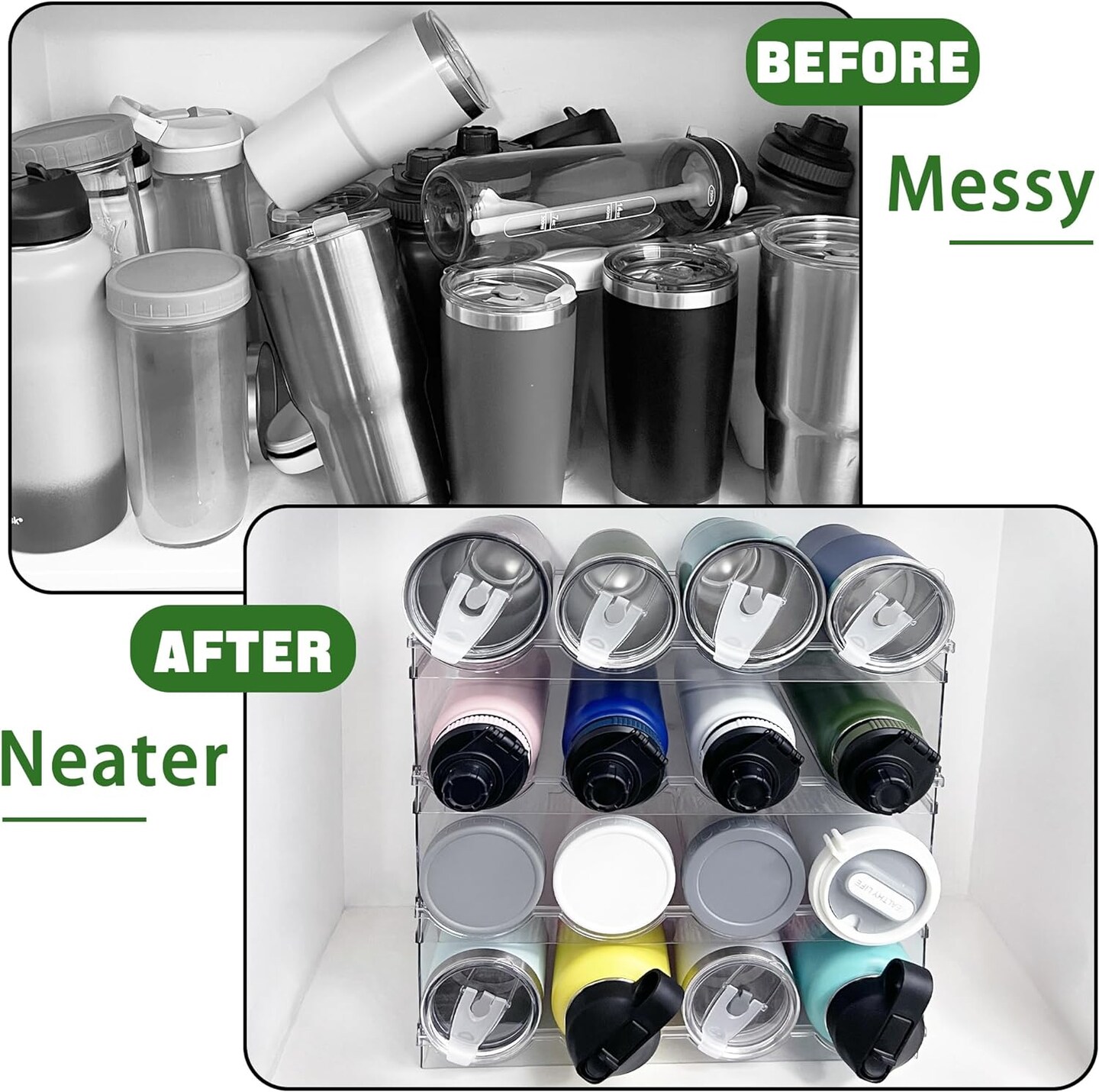 Water Bottle Organizer, Stackable Kitchen Home Pantry Organization and Storage Shelf, Plastic Water Bottle Holder for Fridge Cabinet Organizer and Storage, Tumbler Travel Mug Cup Organizer