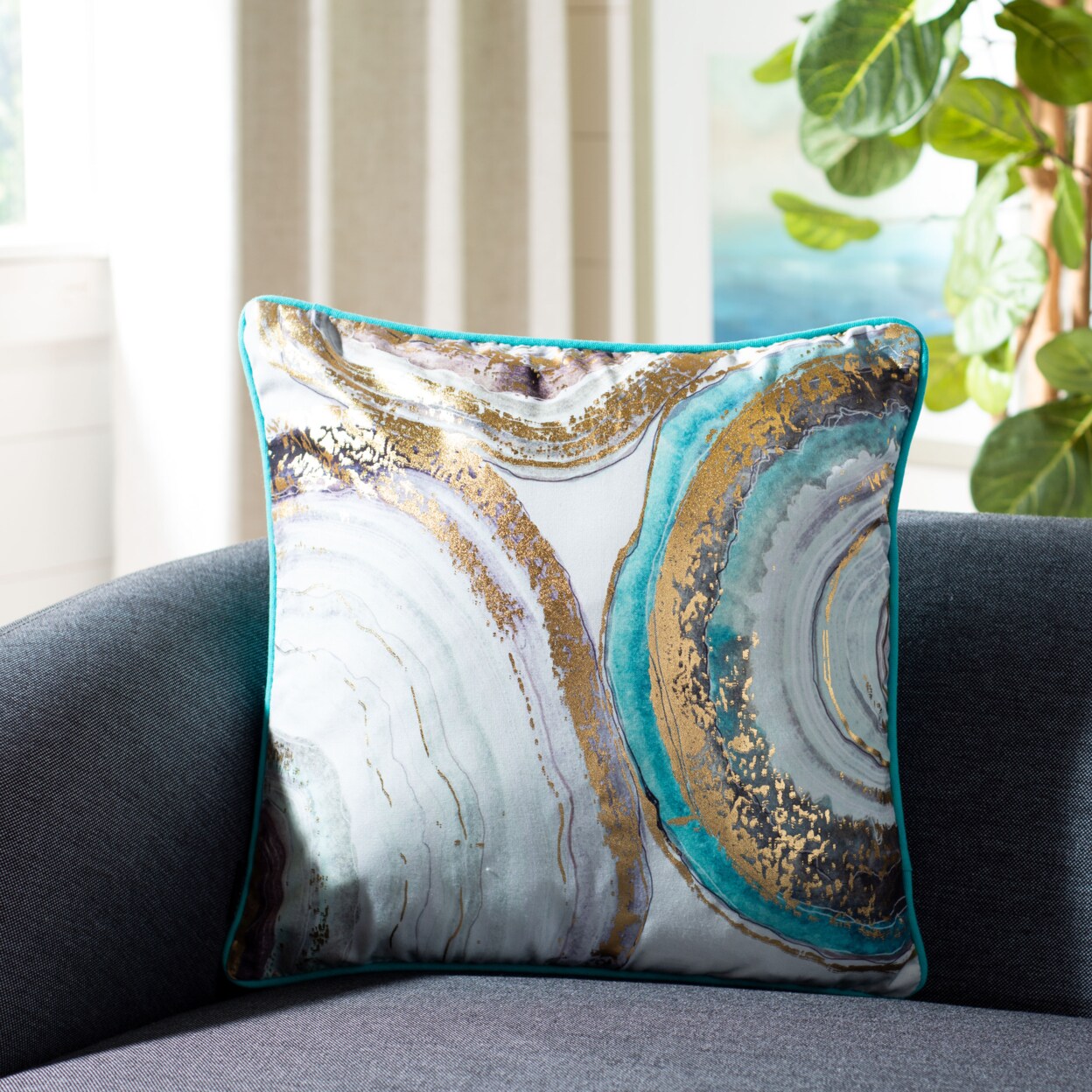 SAFAVIEH Nima Pillow: Coastal Glam in Blue/Gold Home Decor Throw Soft Cushion