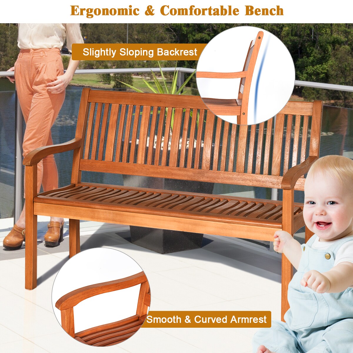 Costway 50&#x27;&#x27; Two Person Outdoor Garden Bench Loveseat Porch Chair Solid Wood W/Armrest