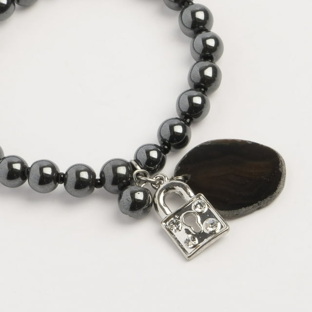 Earth's Jewels Semi-Precious Natural Hematite Grey Bracelet, Agate & Lock Charm