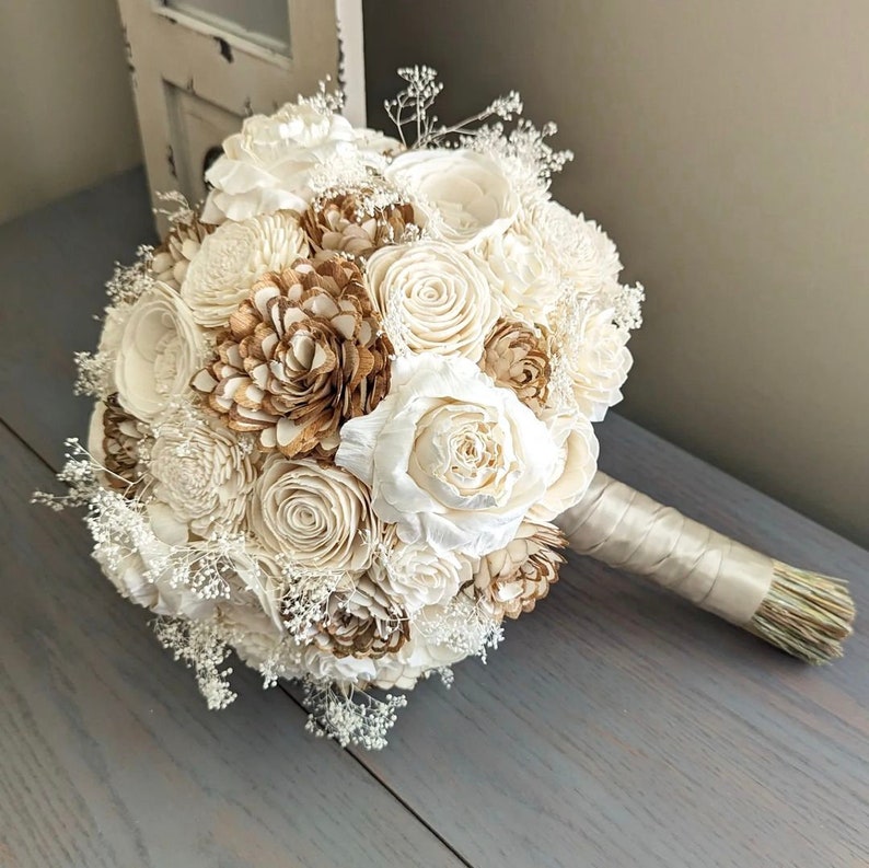 Wood Flower Bridal Bouquet, Rustic Wedding Bouquet, Natural Wooden Bride  Bouquet, Sola Wood Wedding Flowers 