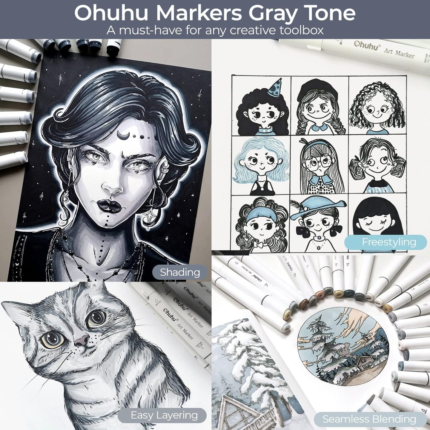 Ohuhu Alcohol Markers Gray Tone- Double Tipped Alcohol Based Art Marker Set  for Artist Adults Coloring Shading Layering- 36 Grayscale Colors- Chisel 