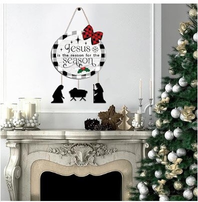 Christmas Nativity Scene Front Door Hanger Christmas Wooden Door Wreath Welcome Sign Xmas Wooden Wall Hanging Decor for Front Door Wall
