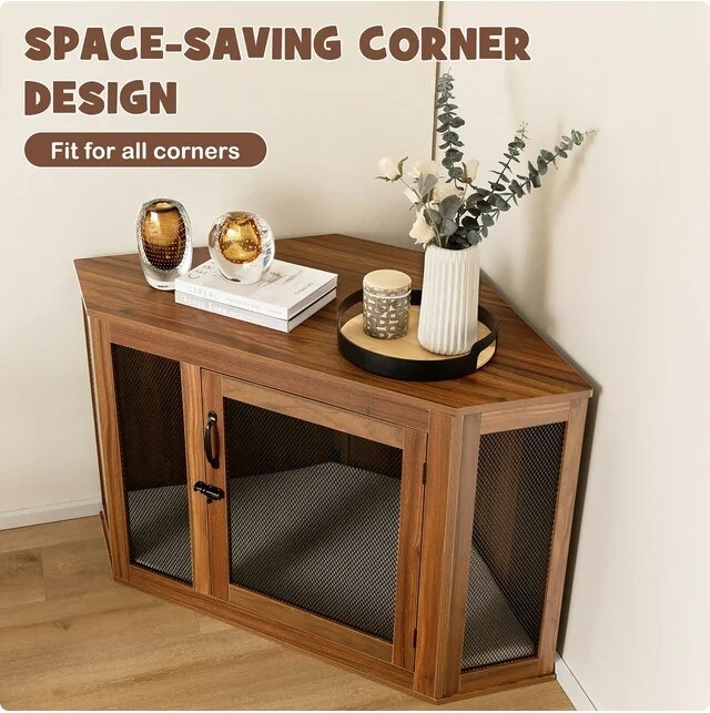 Wooden Corner Dog Crate Furniture Pet Kennel End Table Cage w/ Door &#x26; Mesh