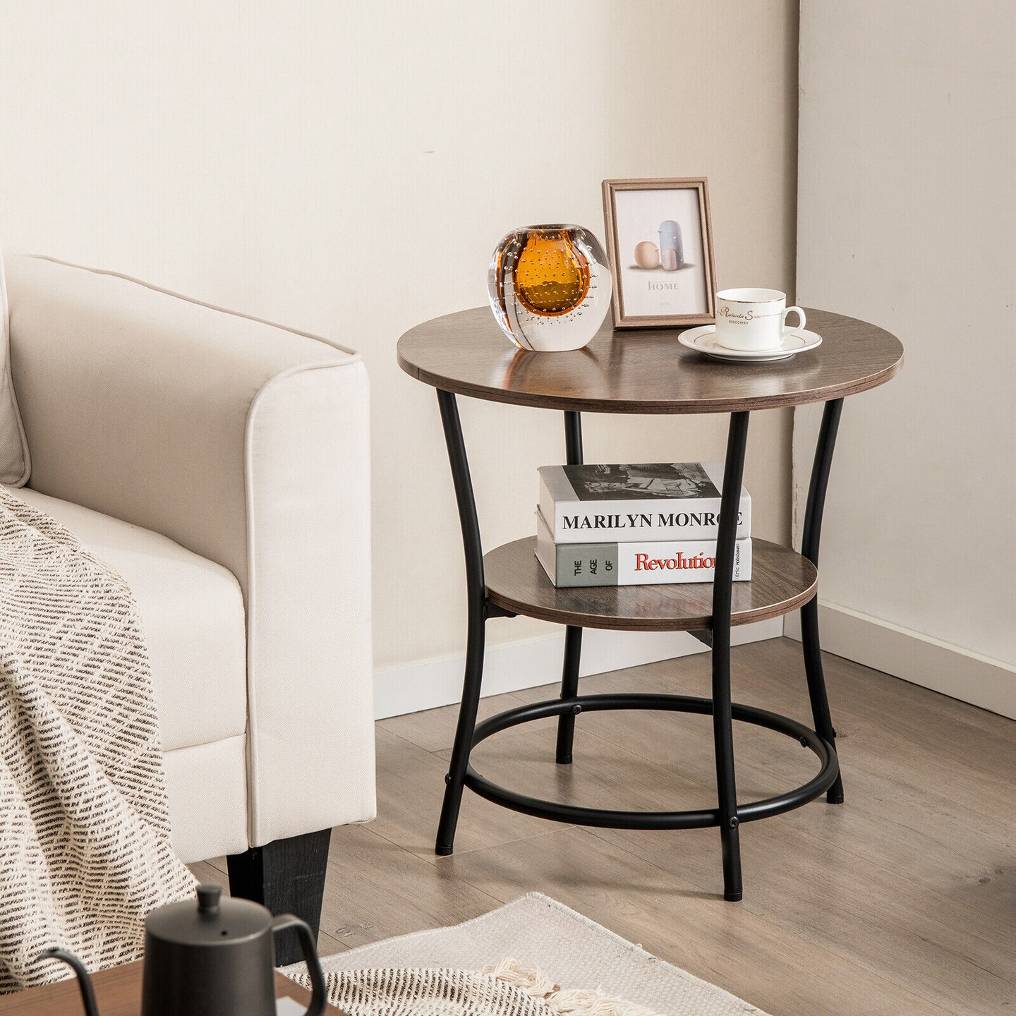 Round End Table with Open Storage Shelf and Sturdy Metal Frame