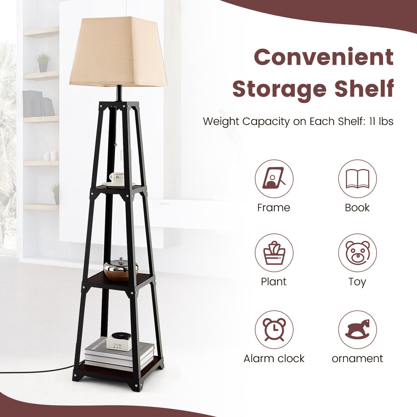 Trapezoidal Designed Floor Lamp With 3 Tiered Storage Shelf