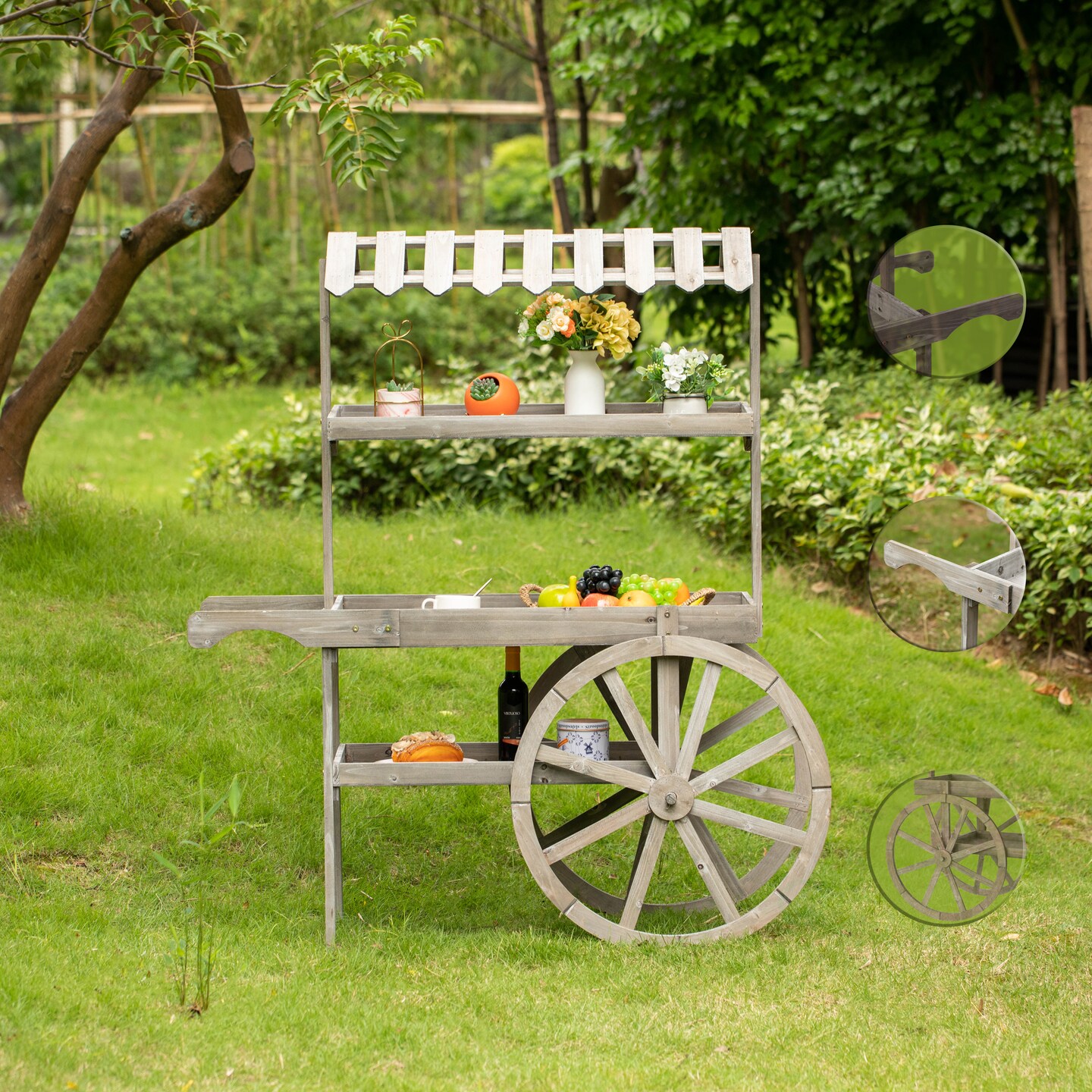 Antique Rustic Solid Wood decor Display Rack Cart Wood Plant Stand 3 Tier with Wheels for Display, Wood Wagon with Shelves for Plants and More