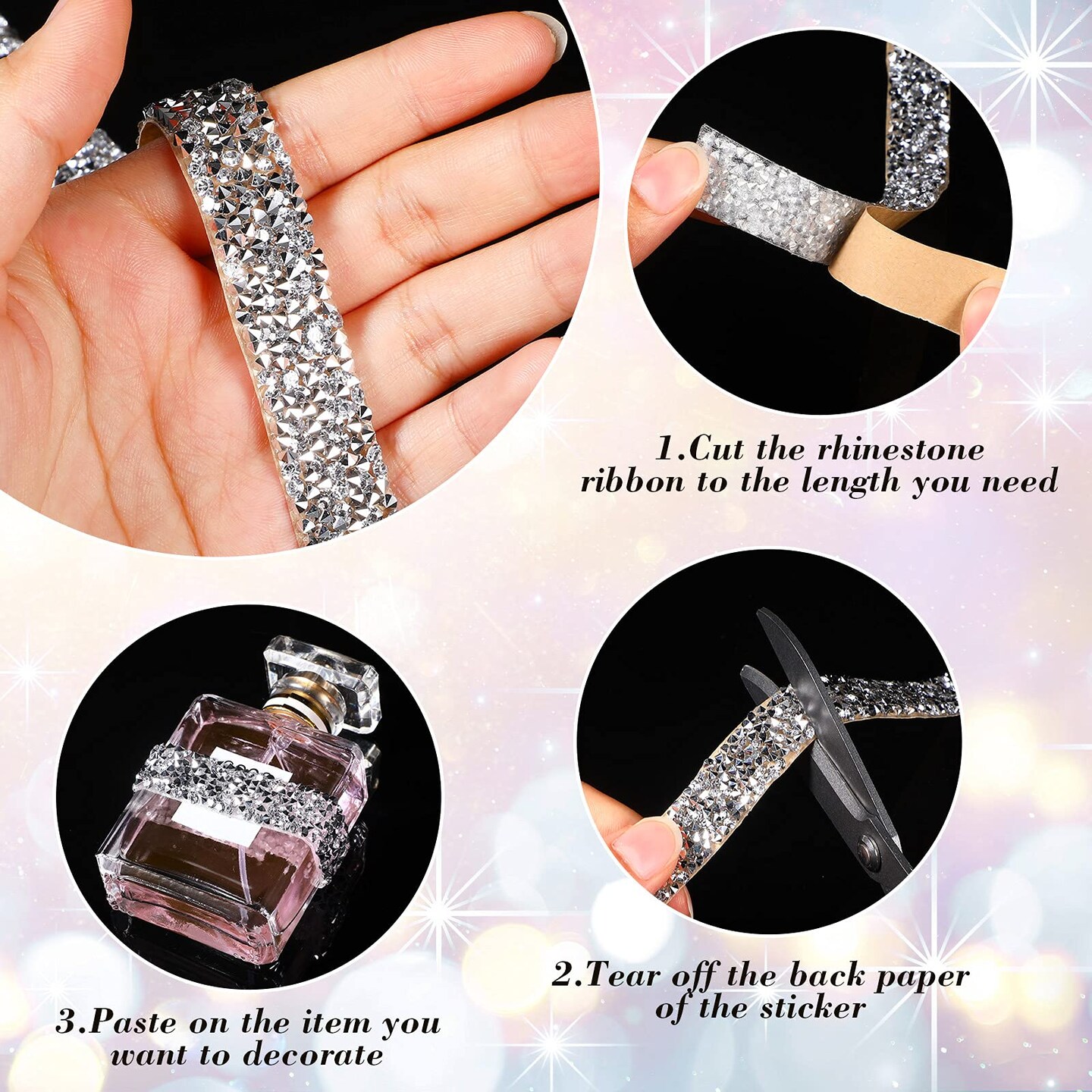 5 Rolls Crystal Rhinestone Ribbon Shiny Resin Diamond Self-Adhesive Bling Ribbon for Arts Crafts DIY Party Decor(Silver,Basic Style)