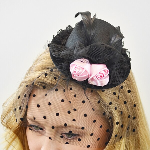 Lindsey Fascinator Mini Top Hat with Pink Satin Roses