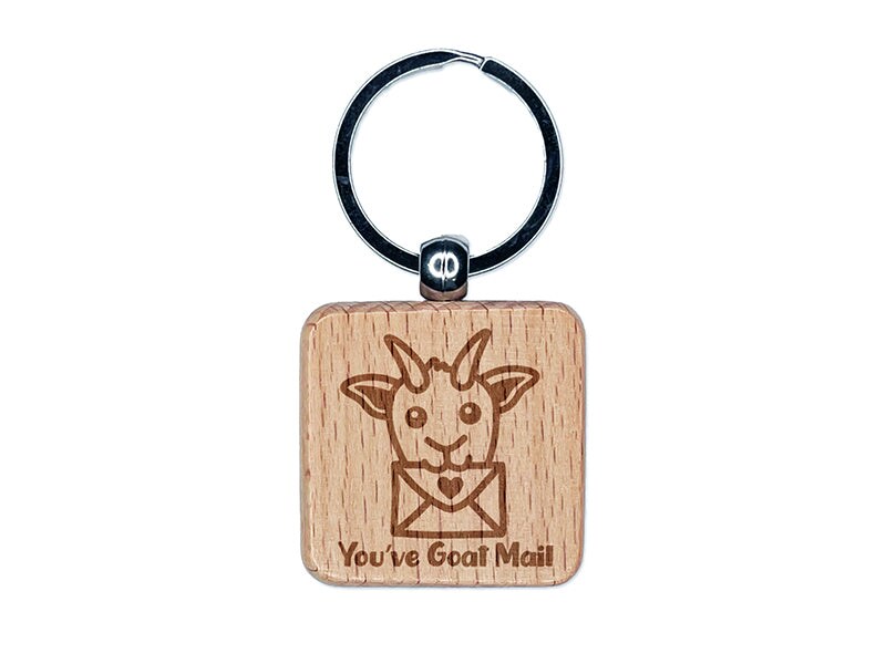 You&#x27;ve Got Goat Mail Engraved Wood Square Keychain Tag Charm