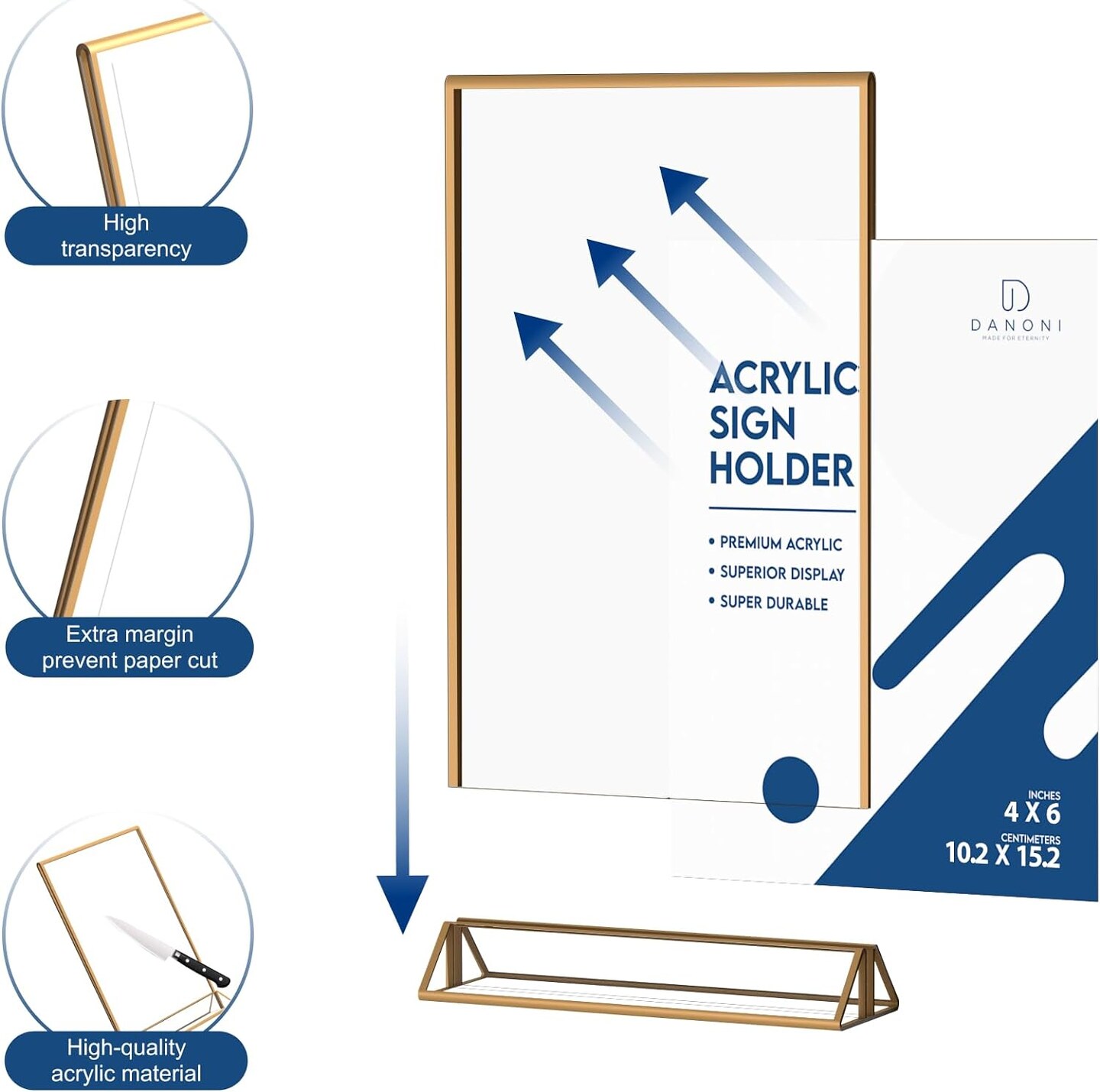 danoni Acrylic Sign Holder, Wedding Table Number Frames with Gold Borders, Double Sided Display for Menu Holders, Clear Paper Stand Display for Party, Festival and Restaurant (6 Pack)