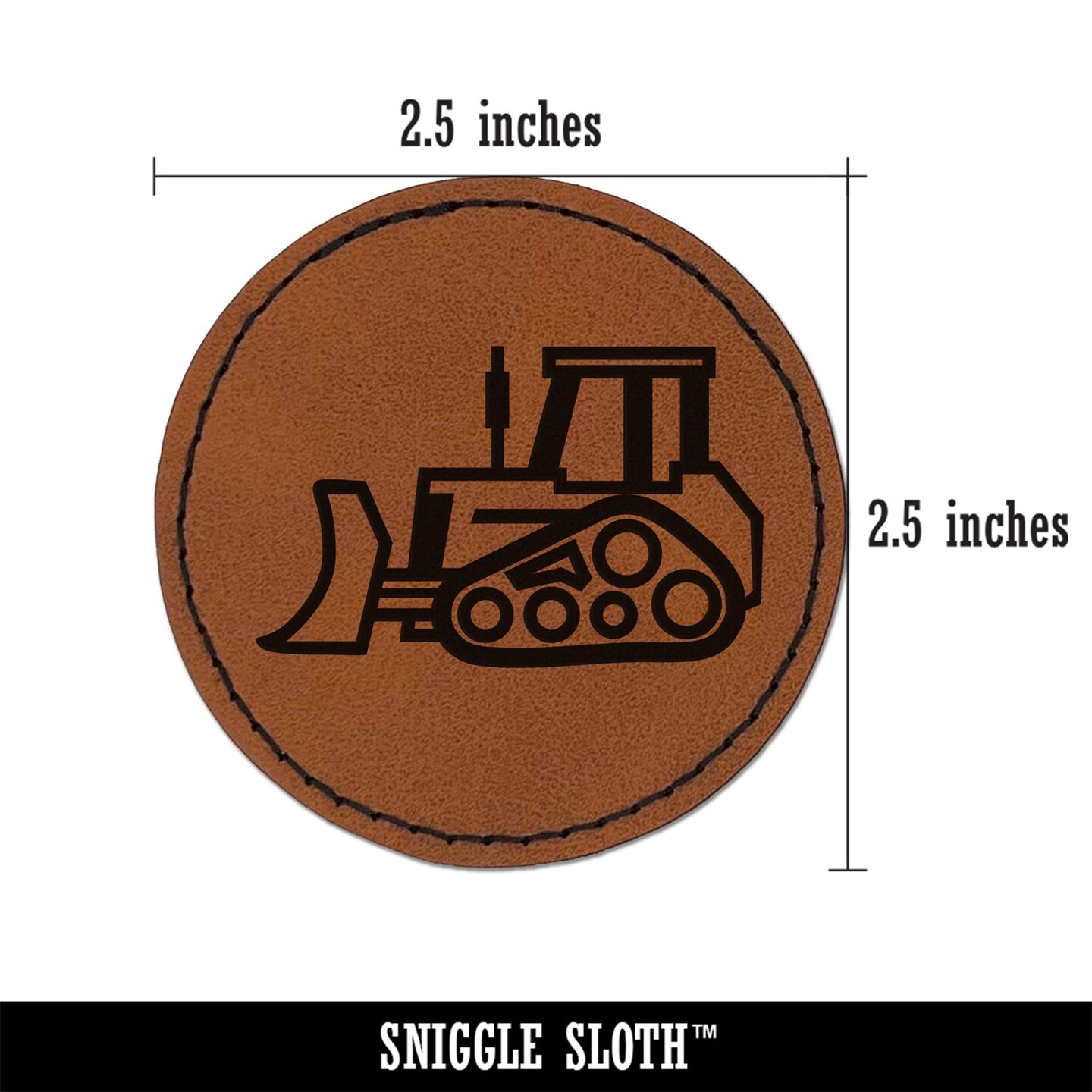 Bulldozer Dozer Construction Vehicle Round Iron-On Engraved Faux Leather Patch Applique - 2.5&#x22;