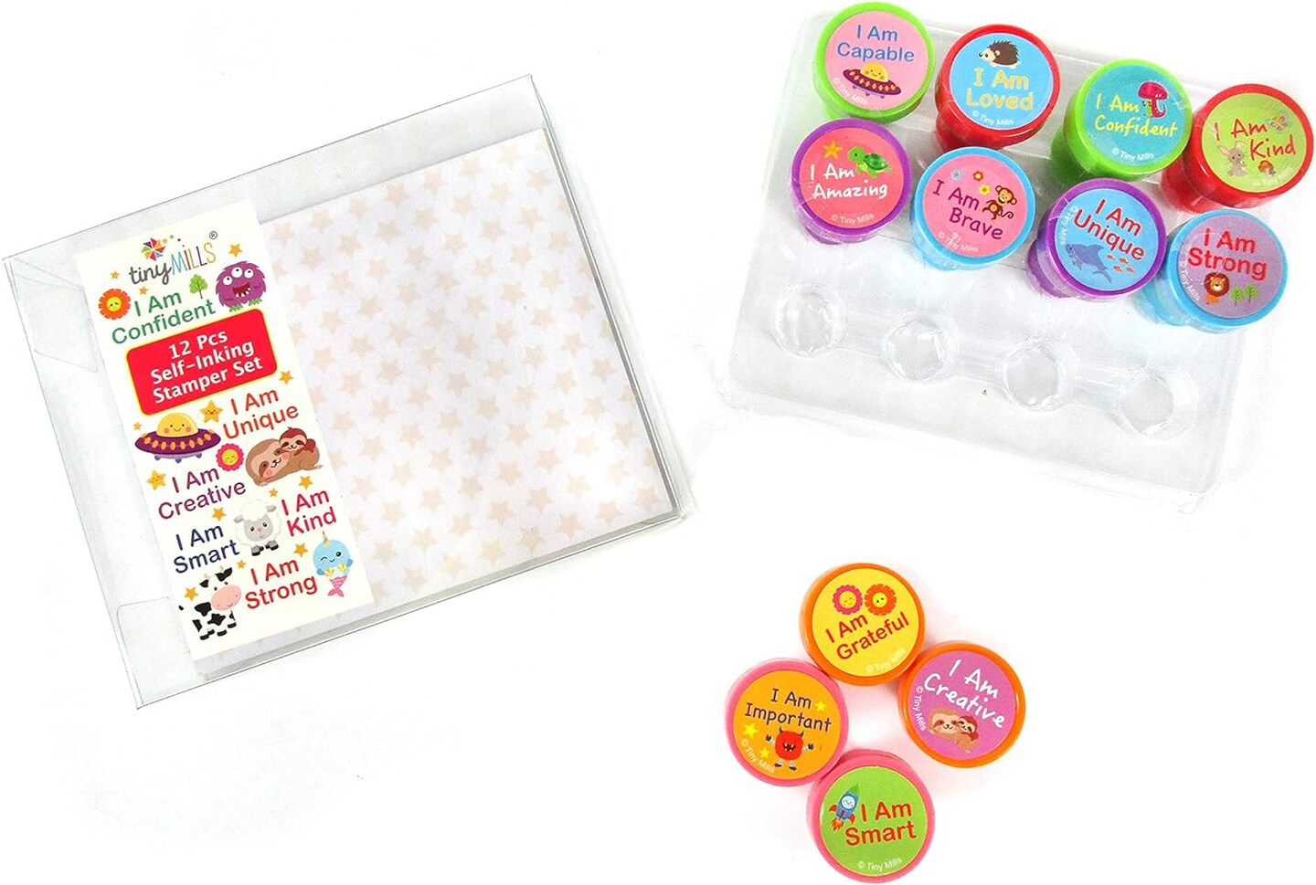 TINYMILLS 12 Pcs Positive Affirmation Stamp Kit for Kids - Positive Mindfulness Self Inking Stamps