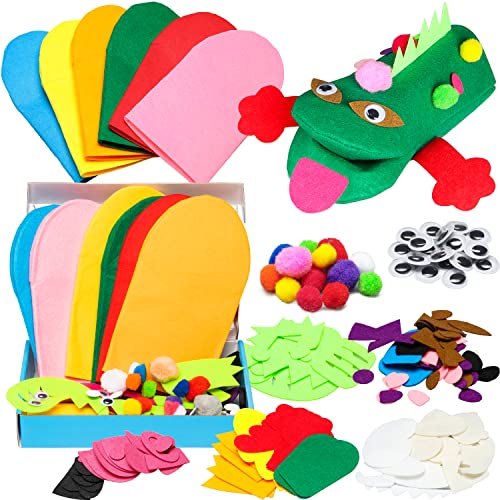 6 Pieces Hand Puppet Making Kit for Kids Art Craft Felt Sock Puppet Toys Creative DIY Make Your Own Puppets Pompoms Wiggle Googly Eyes Storytelling Role Play Party Supplies Gift for Girls Boys