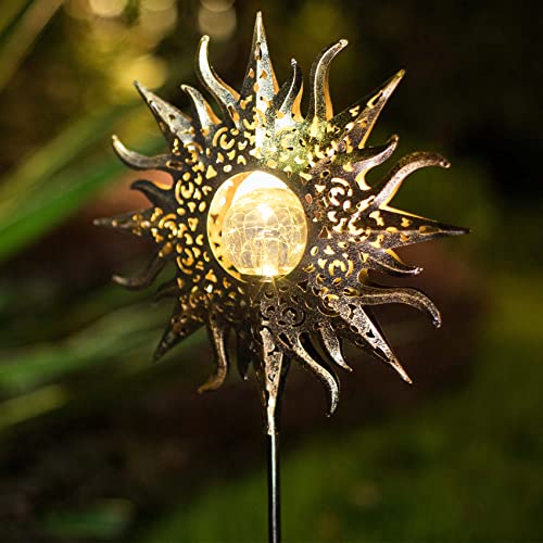 1 Pack Sun Solar Lights Garden Outdoor Waterproof Metal Decorative Stakes for Patio Yard Walkway LawnPatio Christmas Gifts Valentine's Day Gifts