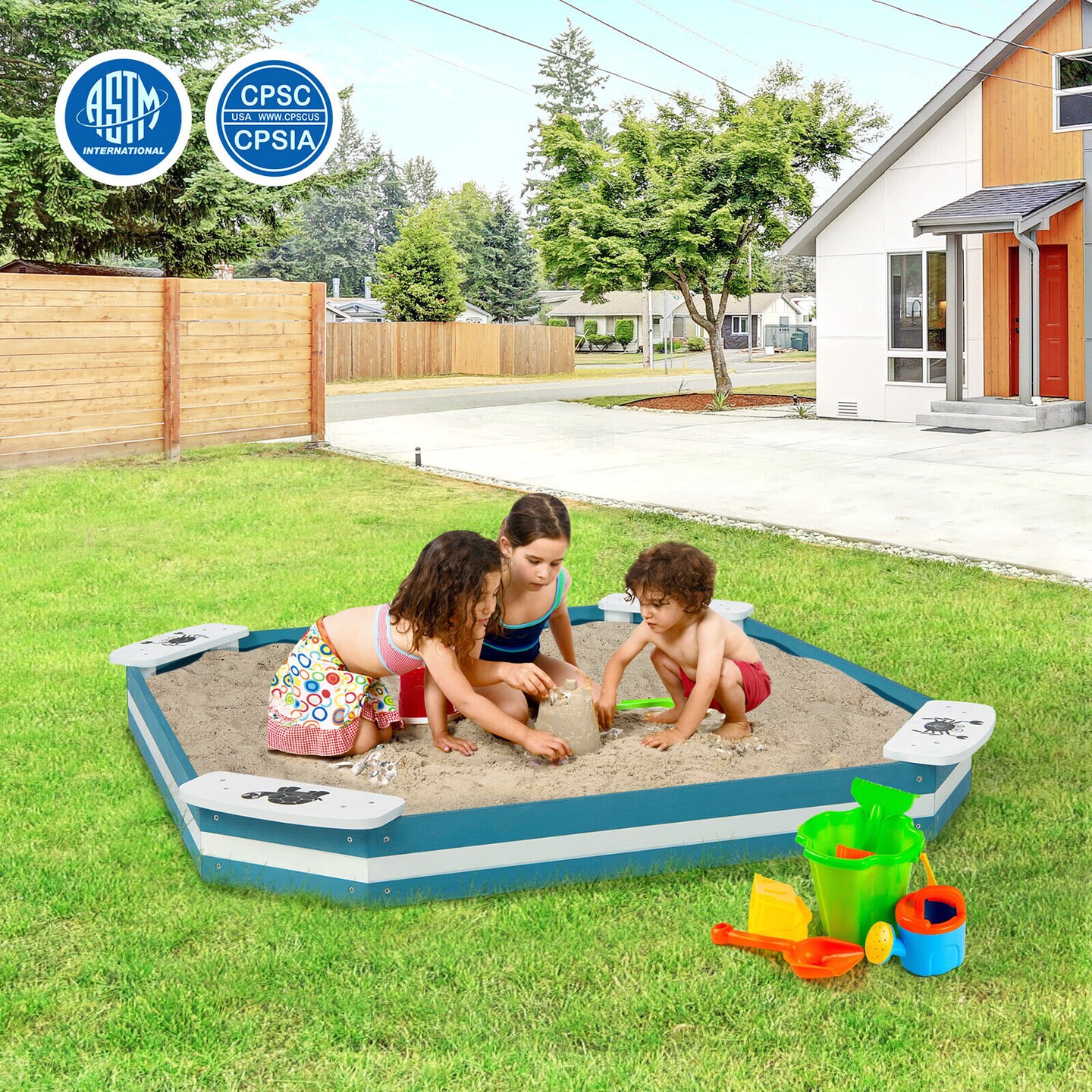 Wooden Kids Sandbox with 4 Built In Seats Cedar Wood Blue White