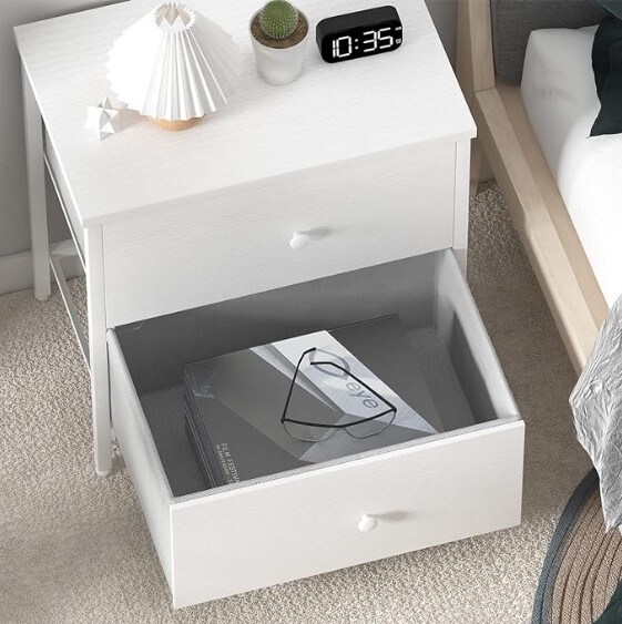 White Nightstand with 2 Drawers for Bedroom, Modern Small Nightstand with Fabric Drawers End Table