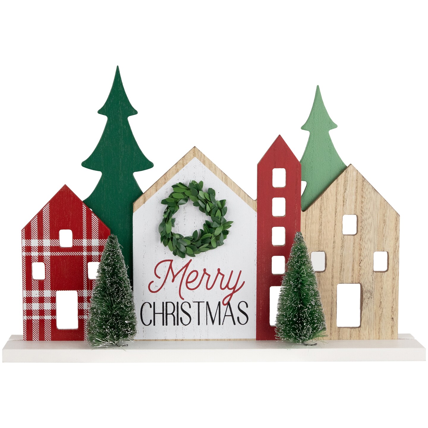 Northlight Wooden "Merry Christmas" Houses with Trees Decoration - 15" - Red and Green