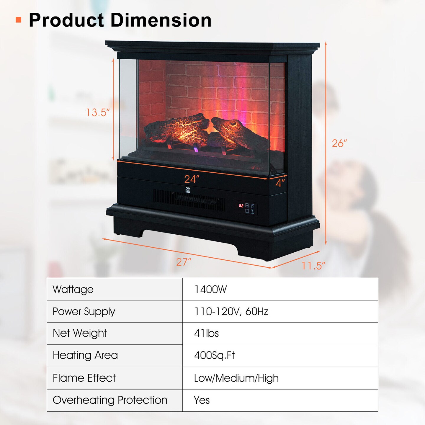 Freestanding Electric Fireplace with 3-Level Vivid Flame Thermostat