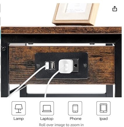 Rustic Brown BF22UPS01 Industrial Printer Stand, 3-Tier Mobile Printer Table, Rolling Cart with Power Outlets and USB Ports, Home Printer Stand with 2 Hooks, for Office, Living Room