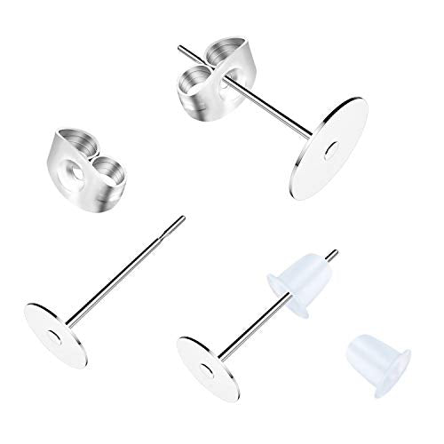 500 Pieces Earring Posts Stainless Steel, Hypoallergenic Flat Pad Earring Studs (4mm, 6mm) with Butterfly and Rubber Bullet Earring Backs for Jewelry Making Findings