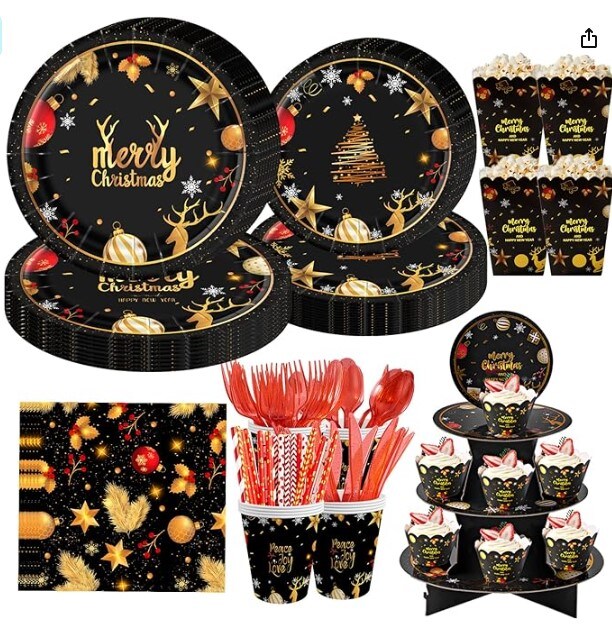 Christmas Party Supplies-222 PCS-Christmas Paper Plates and Napkin Sets for 24 Guests-with Christmas Plate