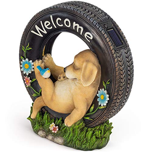 Welcome Puppy Dog Solar Powered LED Outdoor Decor Garden Light Outdoor Decor Garden Light Welcome Chillax Puppy Statues Outdoor Funny Figurine Decor for Outside Patio, Yard, Lawn