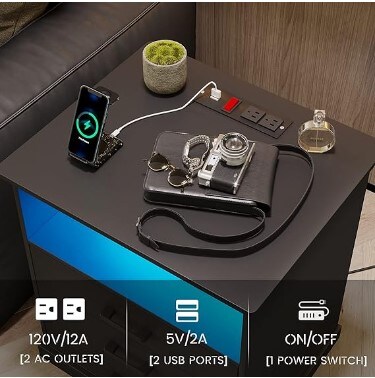 Large Bedside Table with 3 Storage Drawers, Black Night Stand for Bedroom, Wider Tabletop